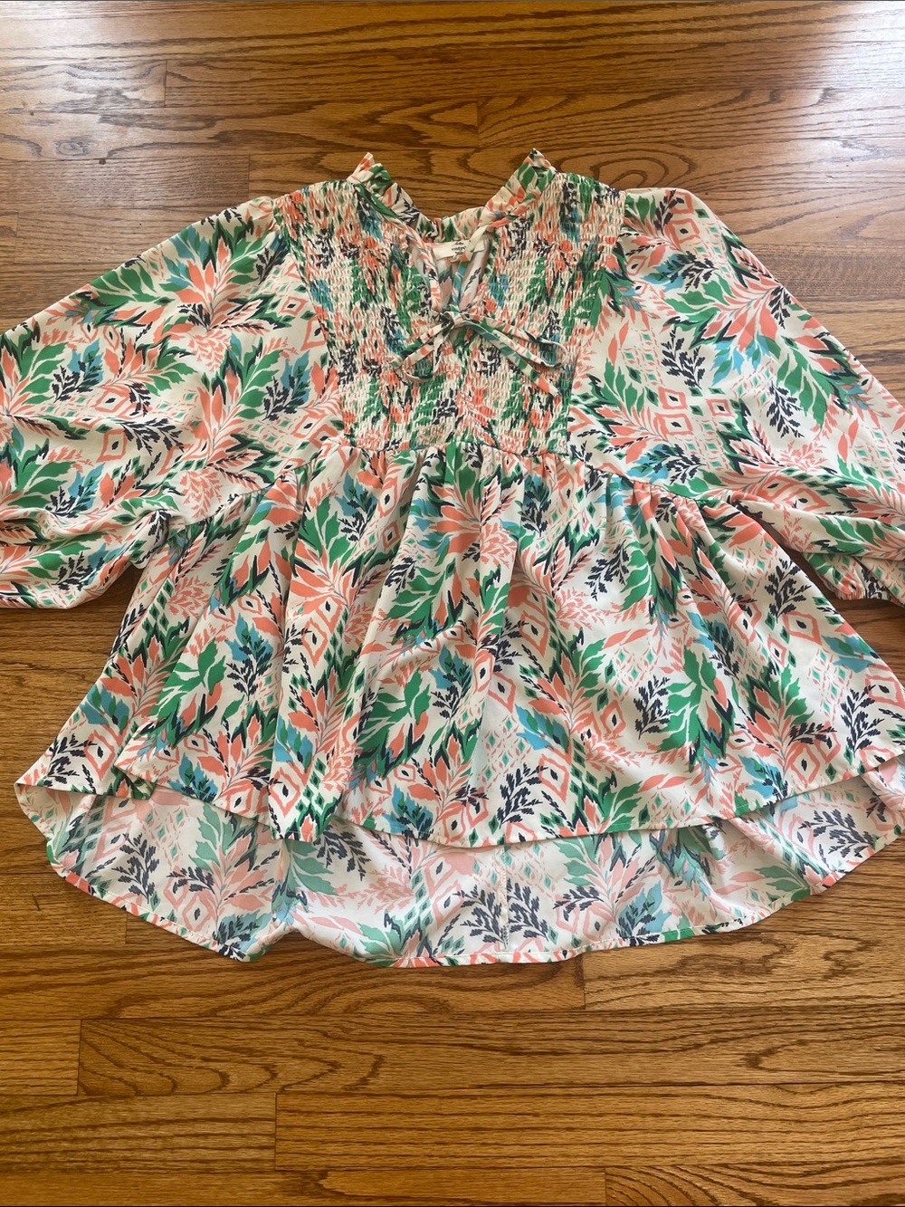 entro Coral, Green & Blue Boho Floral Smocked Tunic - 1/2 sleeve Large